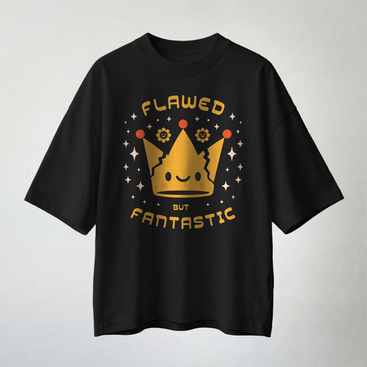 Black oversized t-shirt with cute crown graphic and text “Flawed But Fantastic”