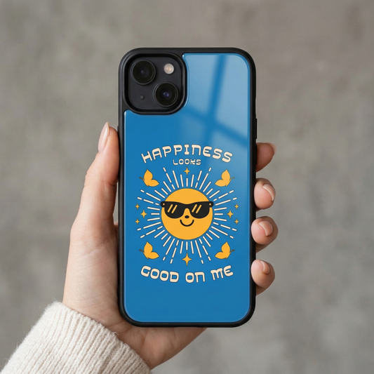 Close up of Happiness Looks Good On Me blue glass iPhone case with glossy back