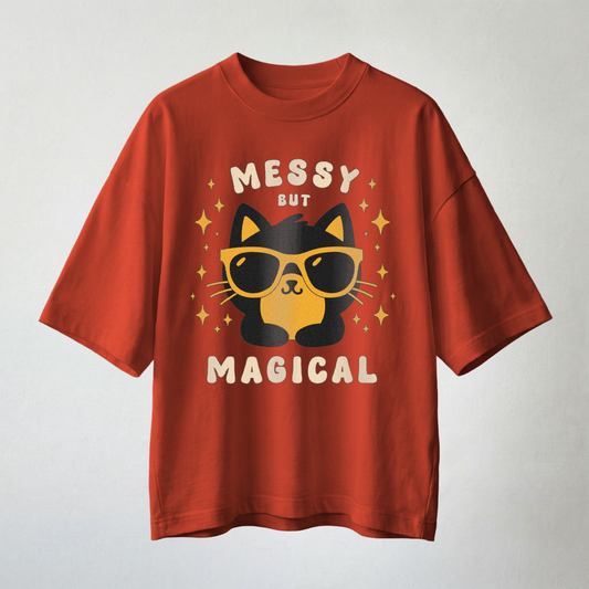 Red oversized t-shirt with “Messy But Magical” cool cat graphic wearing sunglasses