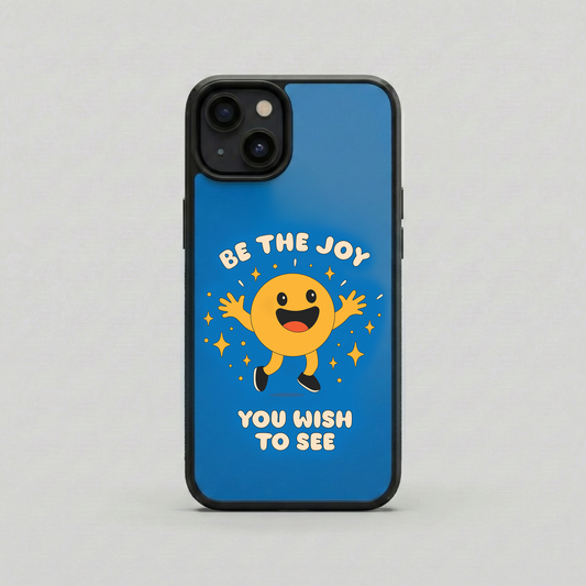 Be The Joy You Wish To See blue glass iPhone case by Spiritual Kalakaar with cute joyful character artwork and glossy back