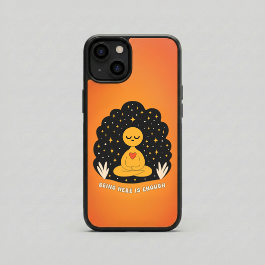 Being Here Is Enough orange glass iPhone case by Spiritual Kalakaar with meditating character and starry artwork