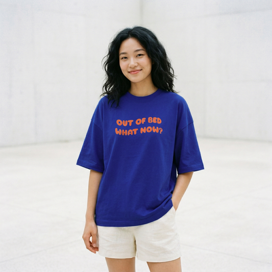 Woman wearing blue oversized t-shirt relaxed casual everyday look