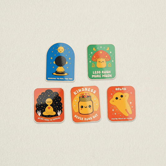 Calm Mood sticker pack showing all 5 mindfulness stickers including kindness never runs out, less rush more mush and pause breathe and be