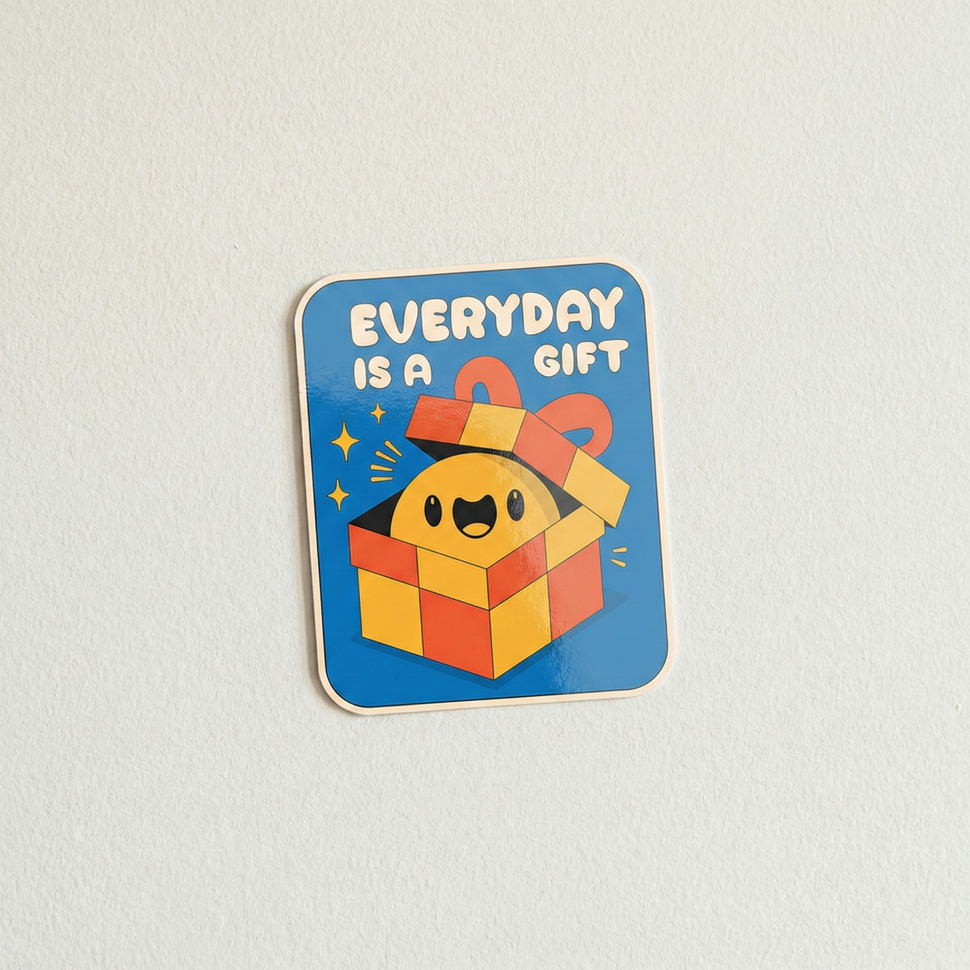 Everyday Is a Gift cute positive quote vinyl sticker with smiling character popping out of gift box