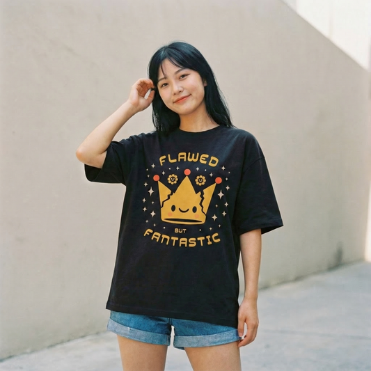 Woman wearing black oversized t-shirt with crown graphic and “Flawed But Fantastic” quote