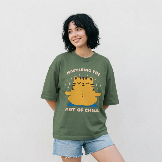 Woman wearing green oversized t-shirt with cute cat graphic and text mastering the art of chill