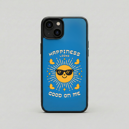 Happiness Looks Good On Me blue glass iPhone case by Spiritual Kalakaar with smiling sun artwork and glossy back