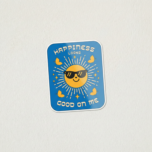 Happiness Looks Good on Me cute smiling sun with sunglasses positive quote vinyl sticker
