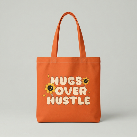 Orange canvas tote bag with “Hugs Over Hustle” retro typography design, cute aesthetic everyday shoulder bag