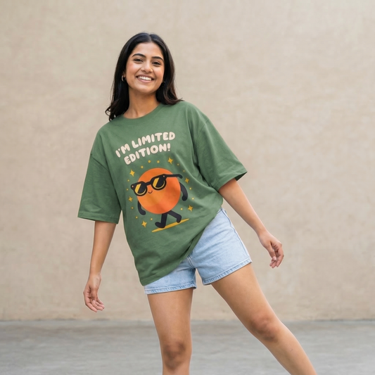 Woman wearing green oversized t-shirt with “I’m Limited Edition” graphic print