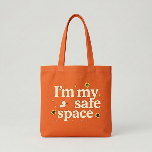 Orange canvas tote bag with “I’m My Safe Space” positive affirmation quote design, aesthetic everyday shoulder bag