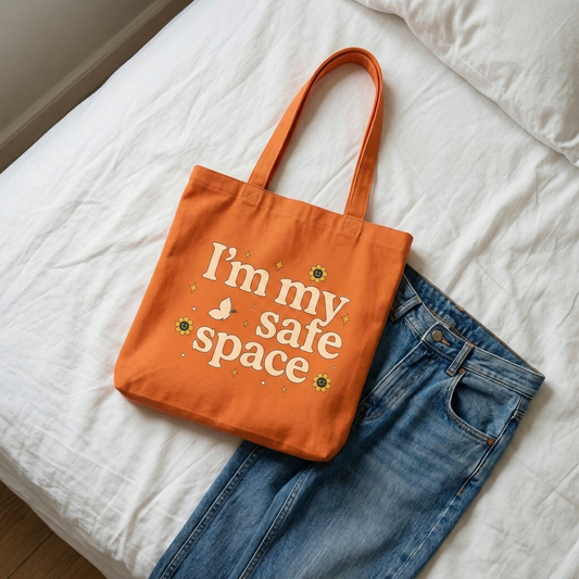 Orange canvas tote bag with “I’m My Safe Space” quote placed on bed with blue jeans, cozy aesthetic lifestyle setup