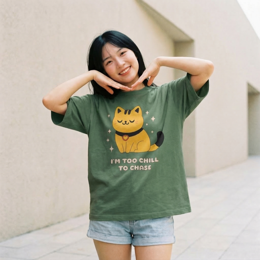 Woman wearing sage green oversized t-shirt with cute relaxed cat illustration