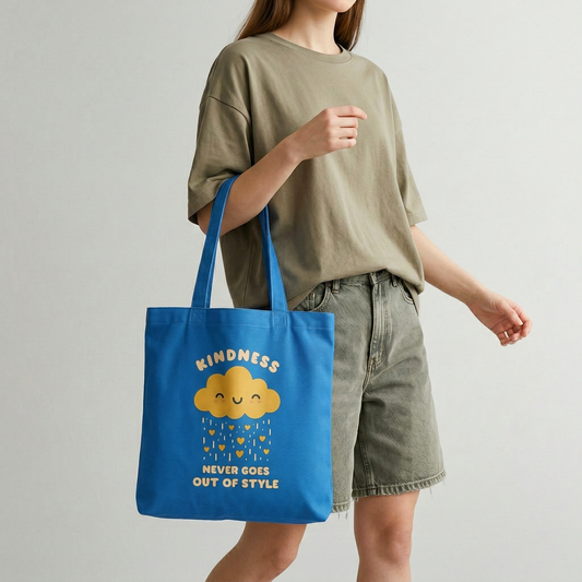 Woman carrying blue canvas tote bag with “Kindness Never Goes Out of Style” cute cloud design, casual everyday outfit