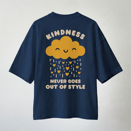 Navy oversized t-shirt with “Kindness Never Goes Out of Style” cloud and heart rain graphic on back