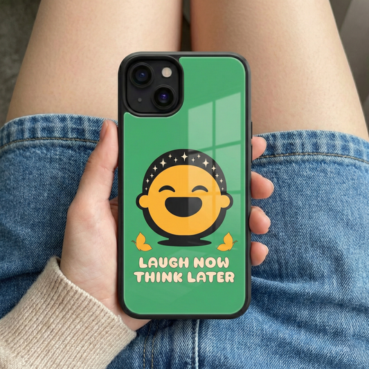 Close up of Laugh Now Think Later premium green glass iPhone case with glossy finish