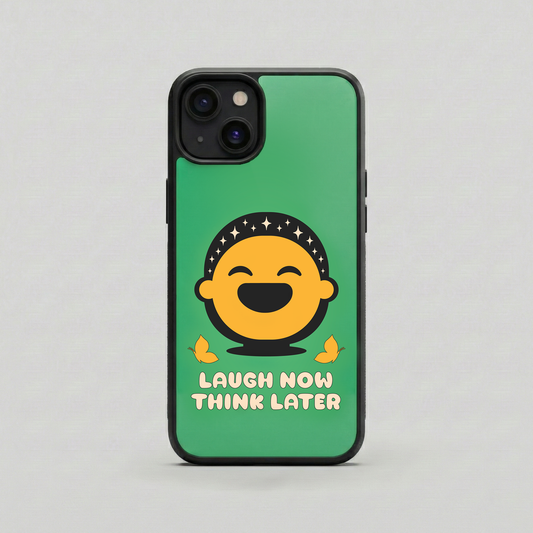 Laugh Now Think Later green glass iPhone case by Spiritual Kalakaar with cute smiling face artwork and glossy back