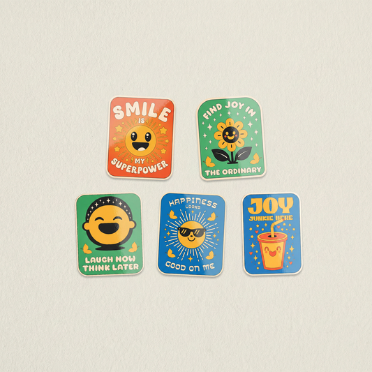 Little Joys sticker pack with cute happiness quote stickers including smile is my superpower, joy junkie here and find joy in the ordinary