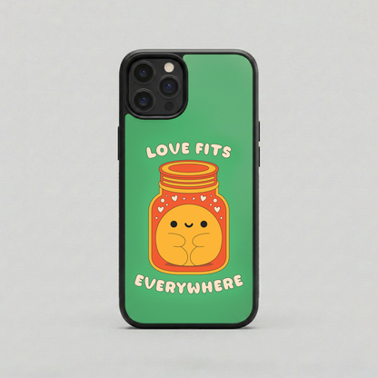 Love Fits Everywhere green glass iPhone case by Spiritual Kalakaar with cute jar illustration and glossy back