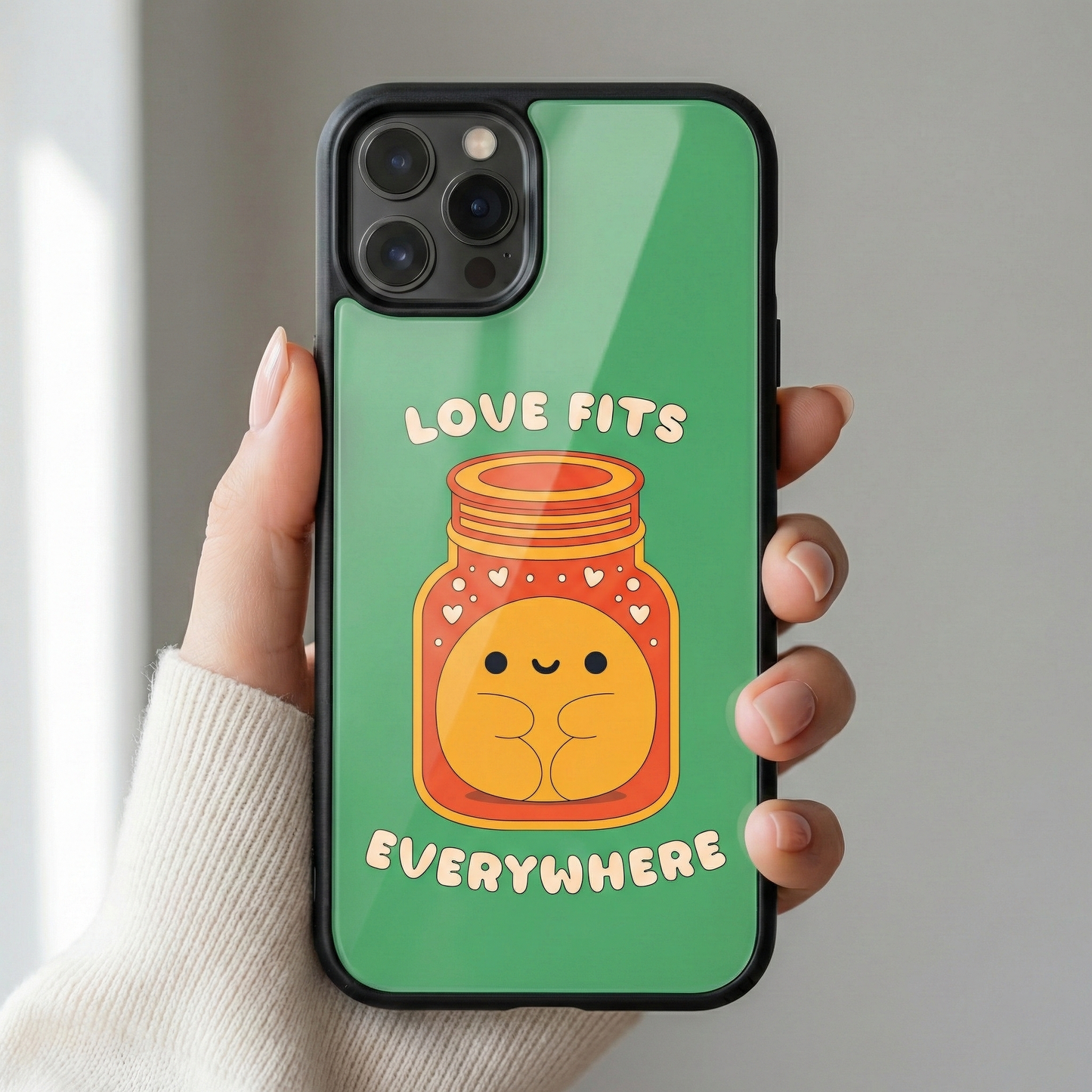 Woman holding Love Fits Everywhere glass iPhone case with jar artwork by Spiritual Kalakaar