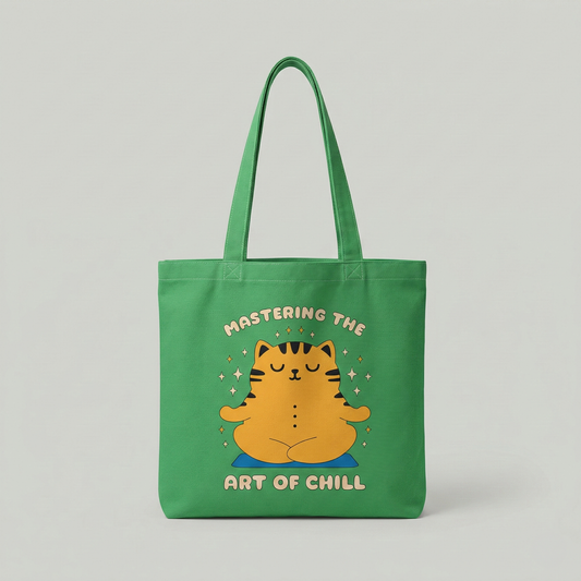Green canvas tote bag with “Mastering the Art of Chill” cute meditating cat illustration, aesthetic everyday shoulder bag