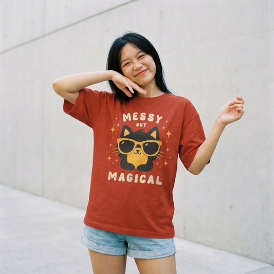 Woman wearing red oversized t-shirt with cute black cat sunglasses graphic and quote