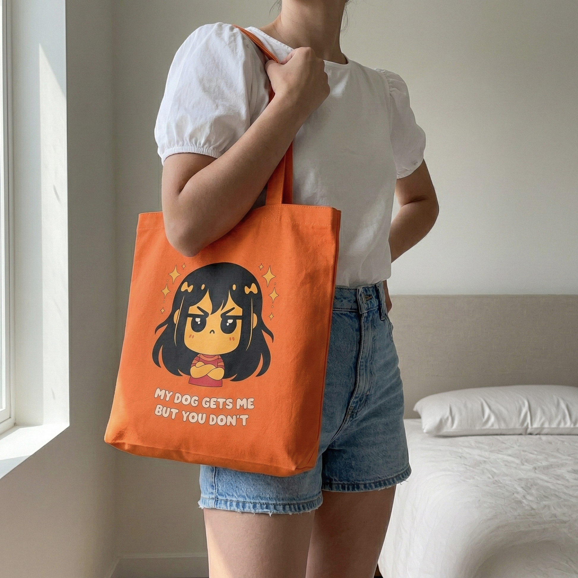 Woman carrying orange canvas tote bag with “My Dog Gets Me But You Don’t” graphic design, casual aesthetic outfit