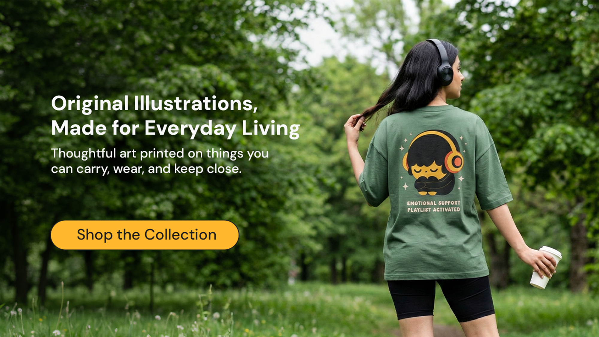 woman wearing oversized t-shirt with cute emotional support playlist illustration from Spiritual Kalakaar art brand