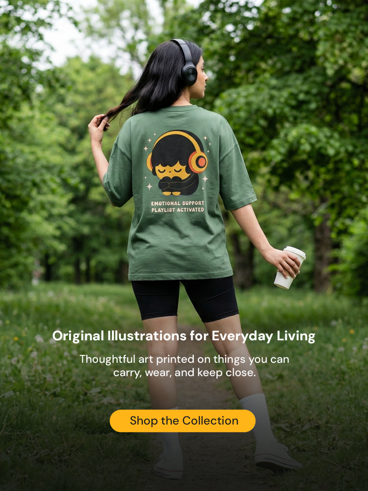 woman wearing oversized t-shirt with cute emotional support playlist illustration from Spiritual Kalakaar art brand