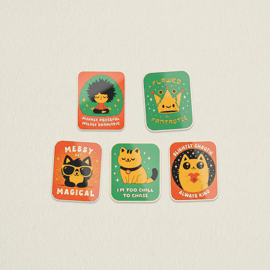 Perfectly Imperfect sticker pack with cute self love stickers including messy but magical, flawed but fantastic and slightly chaotic always kind