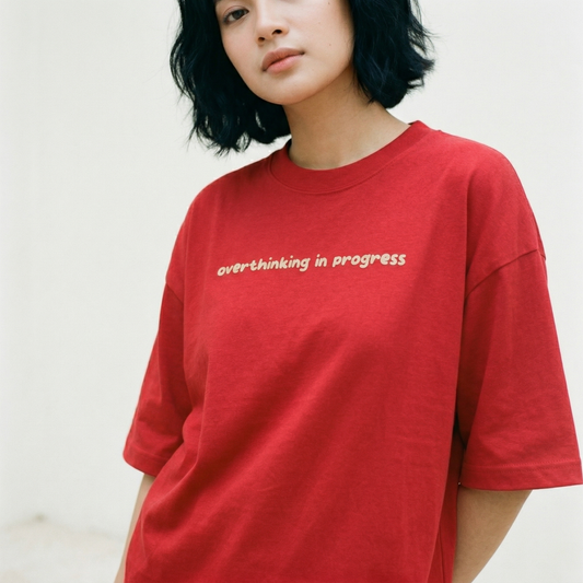 Woman wearing red oversized t-shirt with overthinking in progress text soft casual vibe