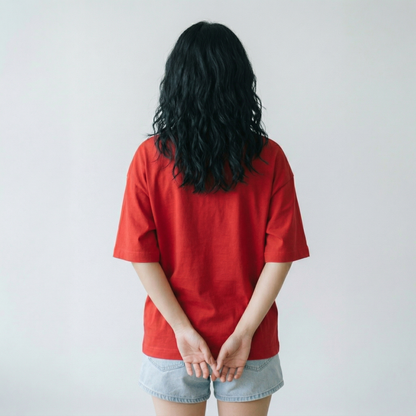 Woman wearing red oversized t-shirt back view oversized relaxed fit