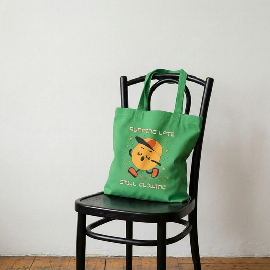 Green canvas tote bag with “Running Late Still Glowing” design placed on chair, casual aesthetic home setting