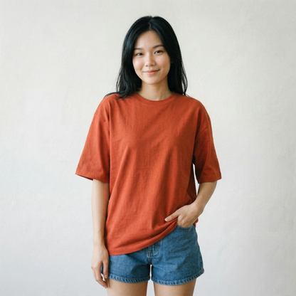 Woman wearing rust orange oversized t-shirt front view relaxed fit casual minimal style