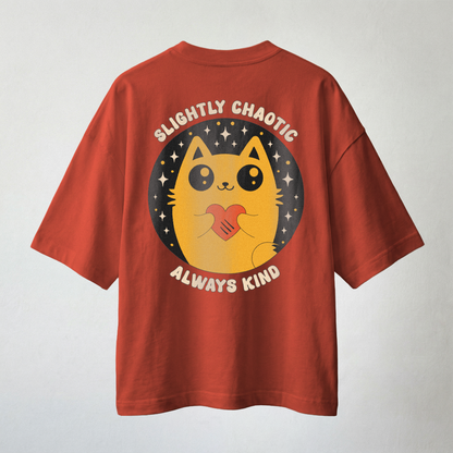 Rust red oversized t-shirt with cute cat holding heart and “Slightly Chaotic Always Kind” back print