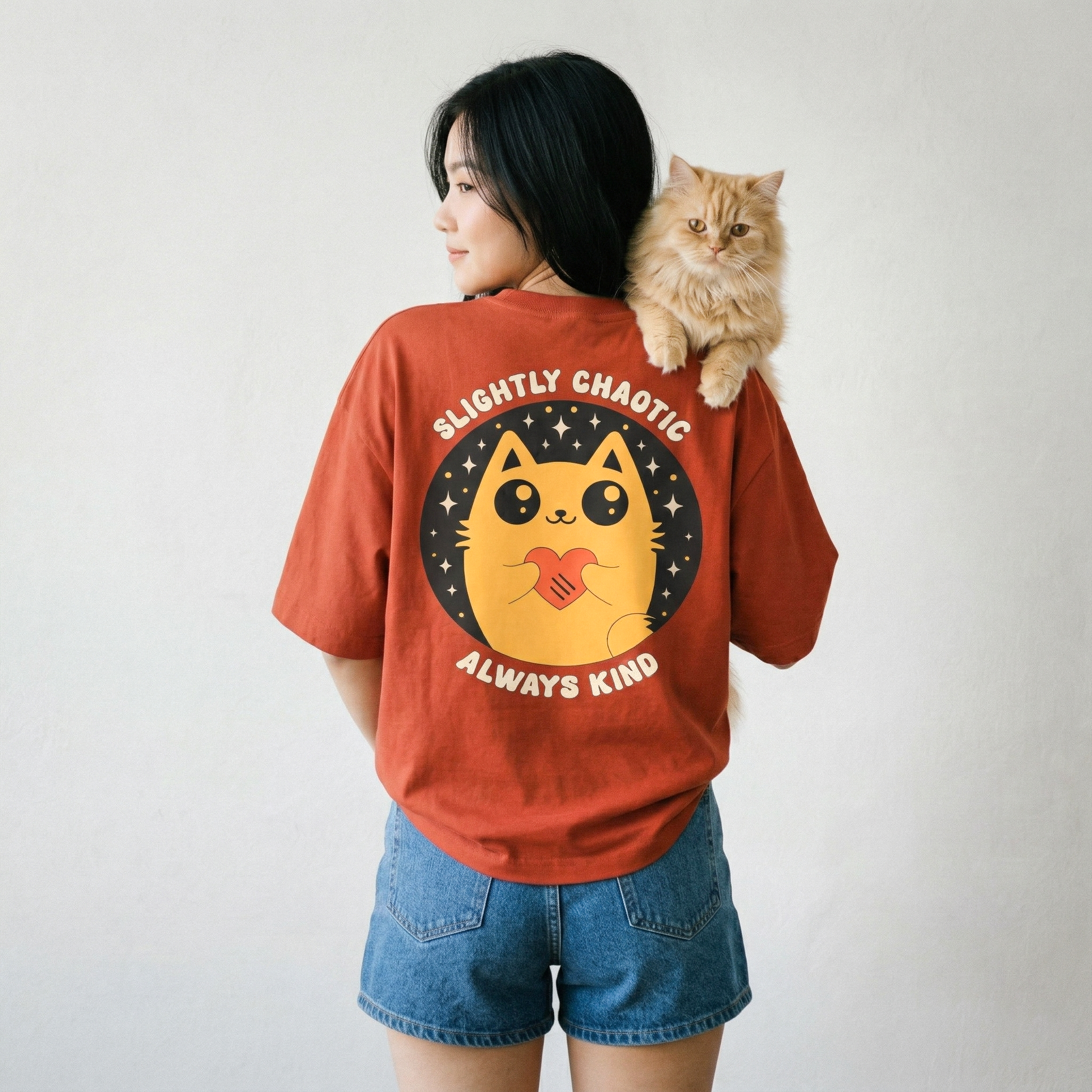 Woman wearing rust red oversized t-shirt with cute cat heart graphic on back