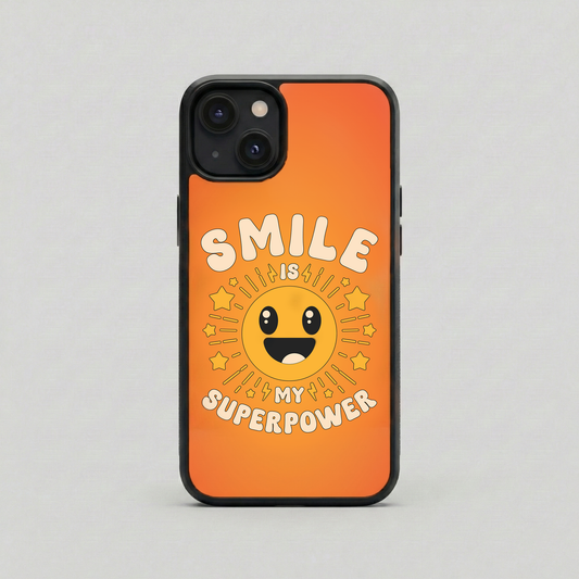 Smile Is My Superpower orange glass iPhone case by Spiritual Kalakaar with happy sun illustration and glossy finish