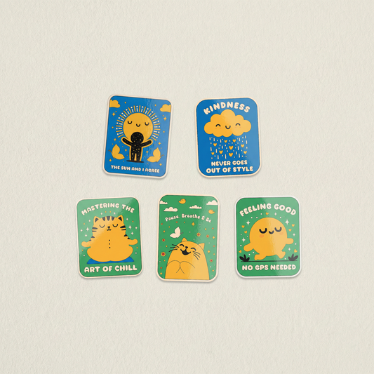 Take It Easy sticker pack with cute mindfulness designs including the sun and I agree, mastering the art of chill and feeling good no gps needed